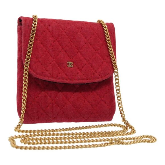 CHANEL Chain Quilted Shoulder Pouch Cotton Gold Red CC Auth - Picture 2 of 16